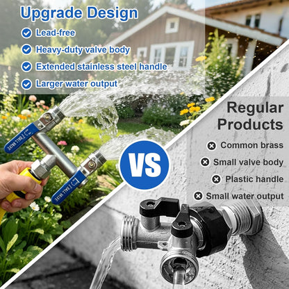 2 Way Garden Hose Splitter, 304 Stainless Steel T Valve, Full Flow with Long Handle, Lead-Free Rust & Freeze Resistant, 3/4" GHT Thread Outdoor Hose Adapter