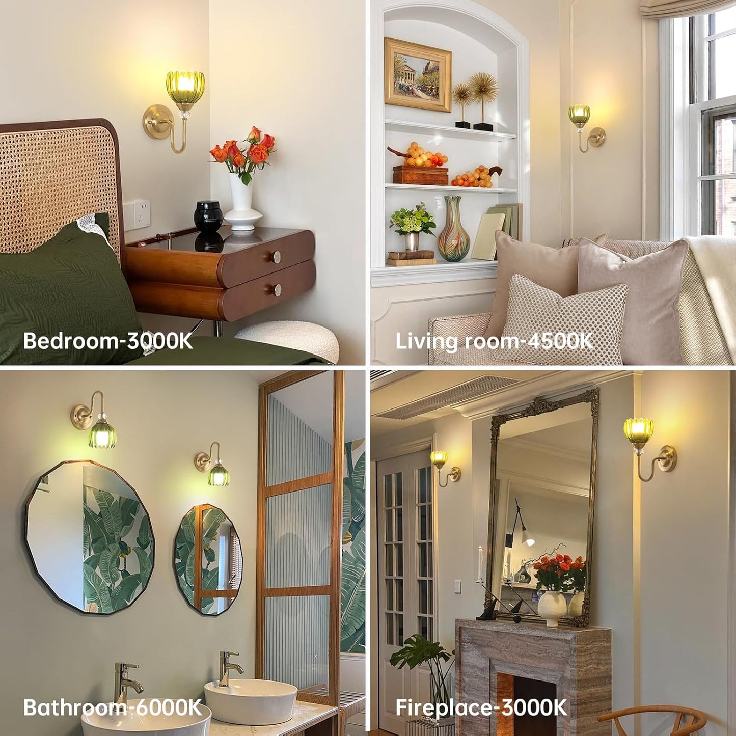 Set of 2 Vintage Battery Operated Wall Sconce, Rechargeable Wall Lamp with 5000mAh Battery & Remote Control, Dimmable Wall Lights with tulip shade for Bedroom Bathroom Living Room, (Tulip Amber Up)