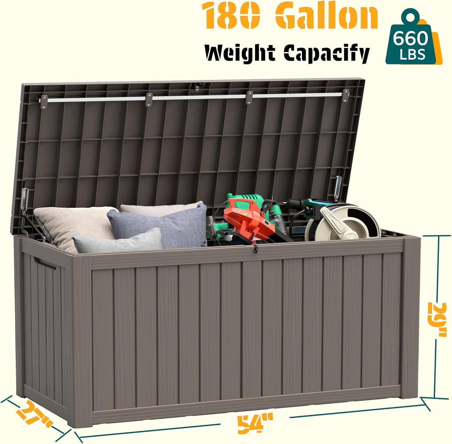 NUNU LAB Outdoor Storage Box, 45 Gallon Outside Deck Box Waterproof, Resin Outdoor Storage Cabinet With Lockable Lid, Backyard Storage Bench For Garden Tools, Patio Cushions, Pool Tools, Black