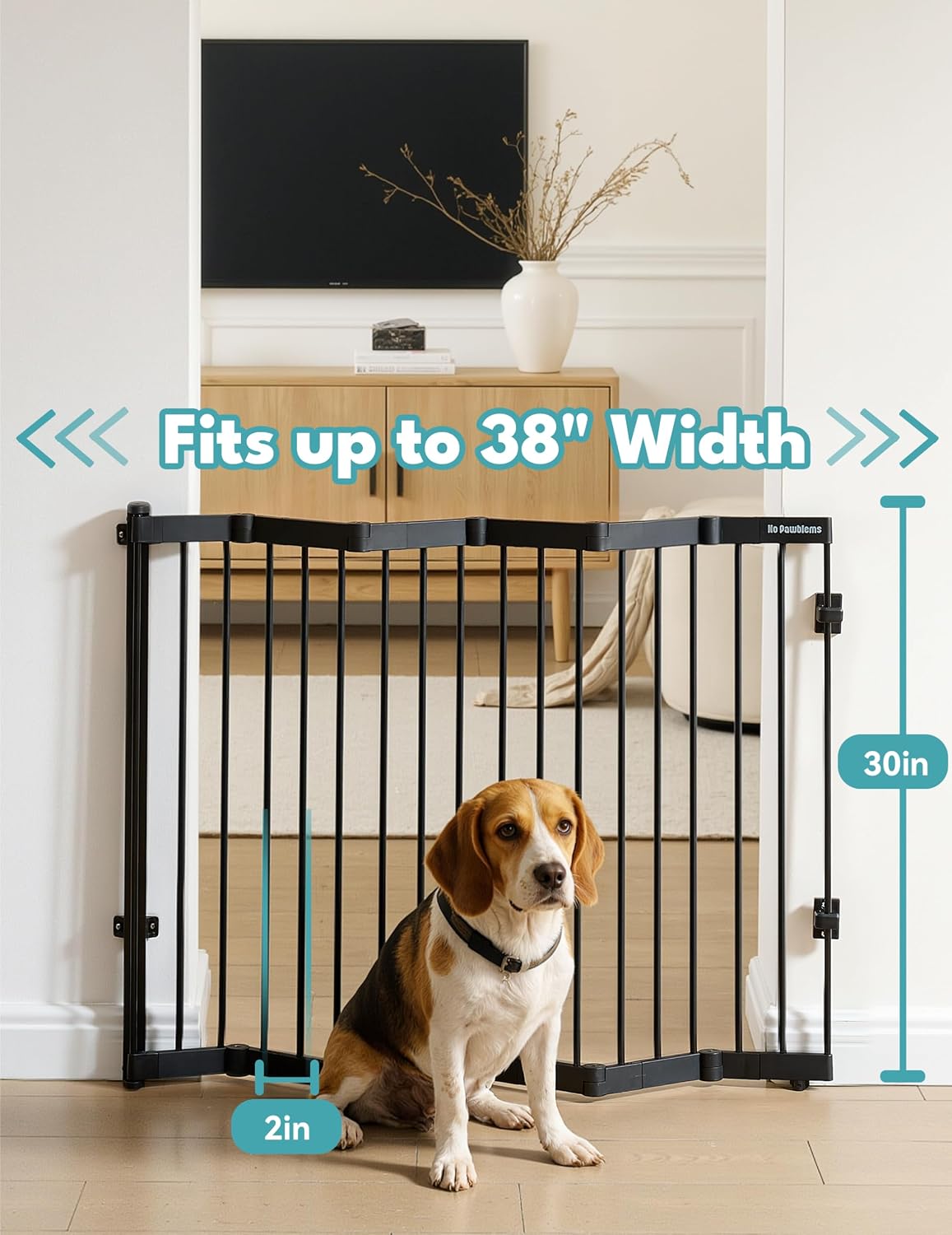 No Pawblems Retractable Safety Gate, Metal Adjustable Dog Gate for Doorways, Stairs & Hallways, Expands to 38" Wide, Auto Retract Design, No Bottom Bar, Black