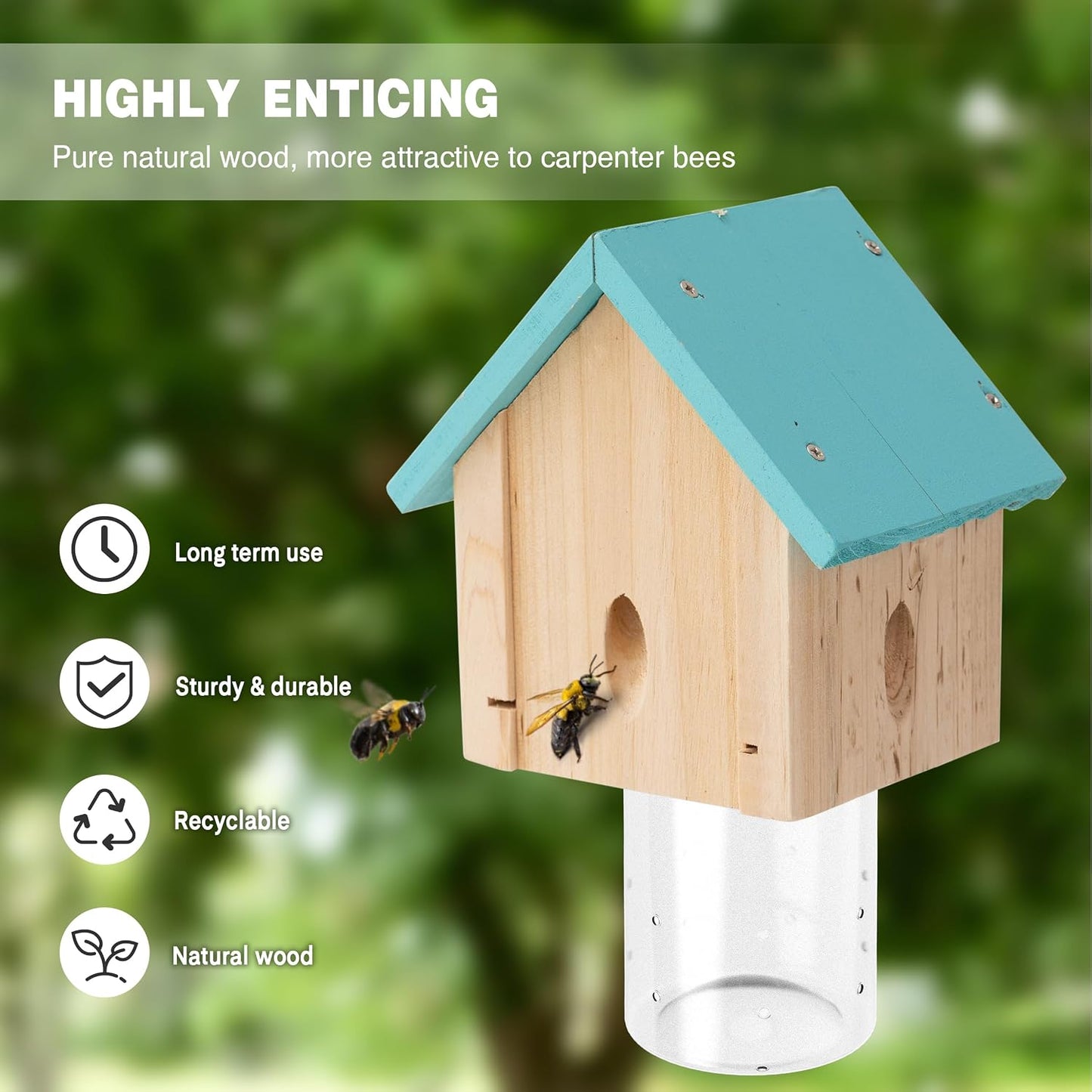 Carpenter Bee Trap for Outside - Best Bee Trap - Blue Cabin Style Nature Hanging Wood Carpenter Bee Traps Outdoor - Insect Traps with Removable Vault (2 Pack)