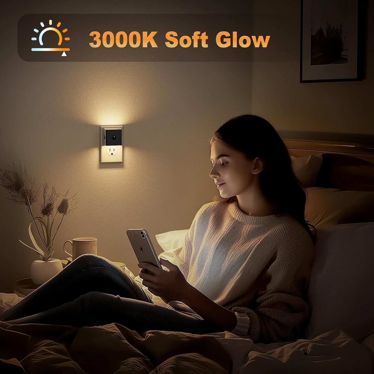 JandCase Motion Sensor Night Light, 2 Pack Motion Activated Night-Lights, 3000K Warm White LED Night Lights Plug into Wall, 30/60LM Adjustable Brightness, for Kids Adults Bathroom Bedroom