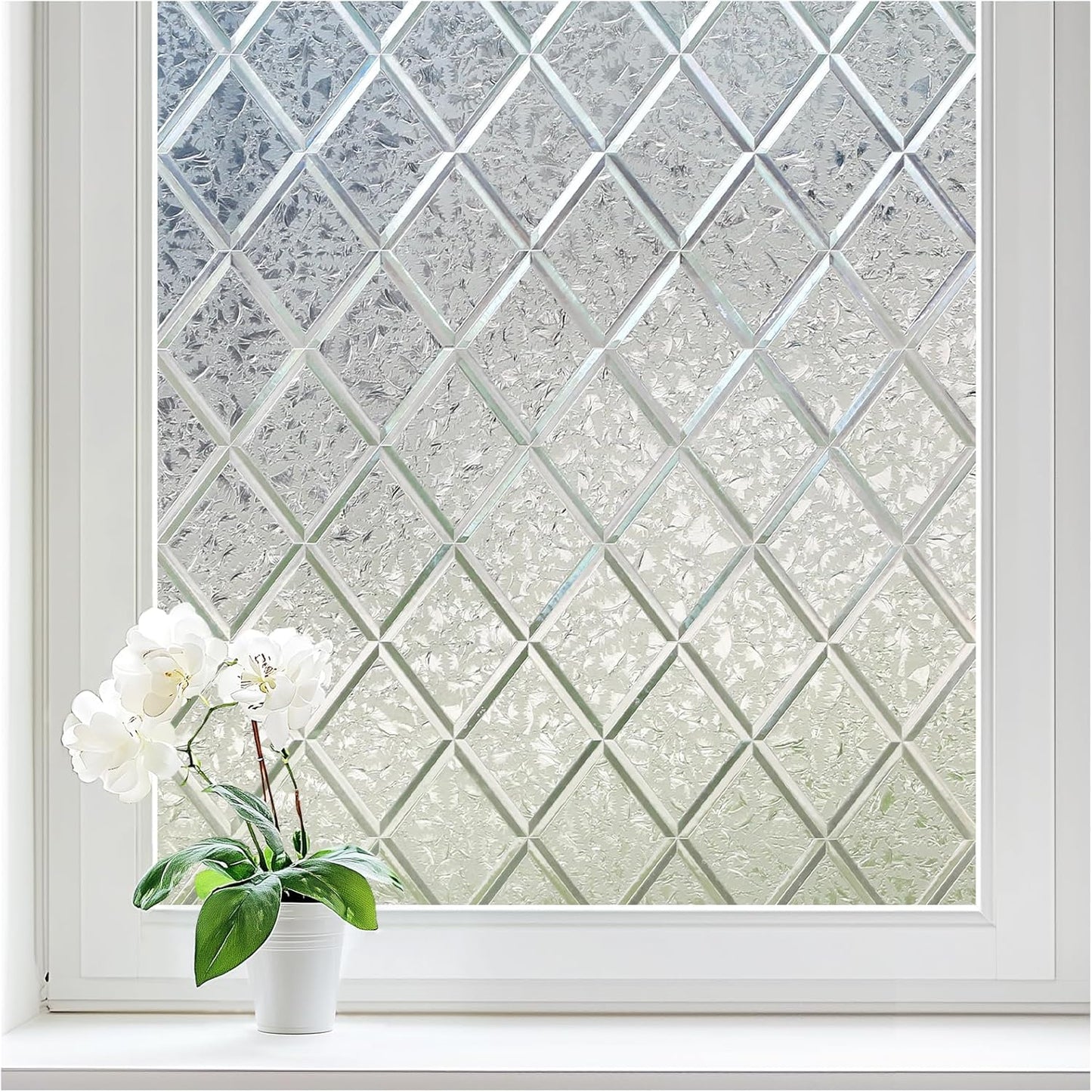 Haton Window Privacy Film Decorative Frosted Glass Window Film, Sun Blocking Stained Glass Clings, Static Cling Removable Stickers for Home Door Coverings, Lattice Pattern 17.5" x 78.7"