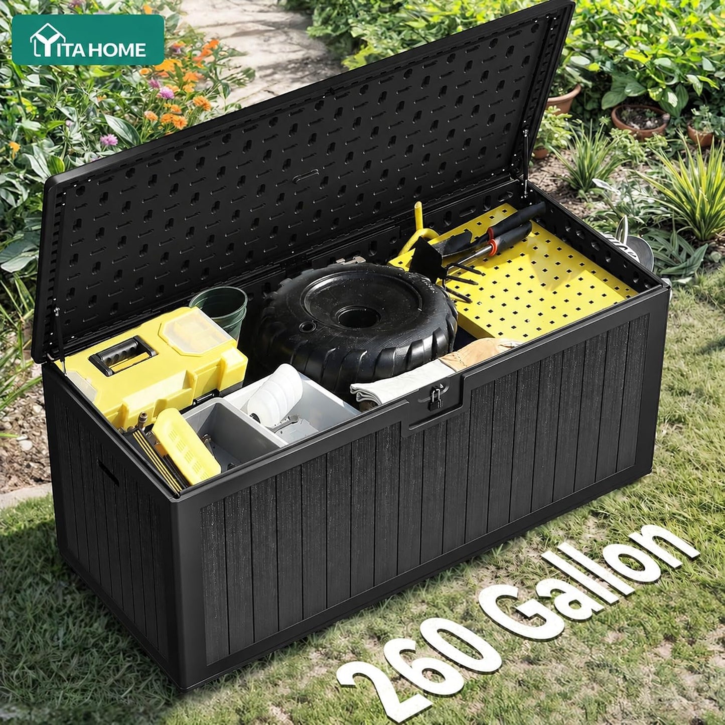 YITAHOME 100 Gallon Large Outdoor Deck Box | Waterproof Resin Storage Box, Lockable Indoor Outdoor Storage Container for Patio Furniture Cushions, Pool Accessories