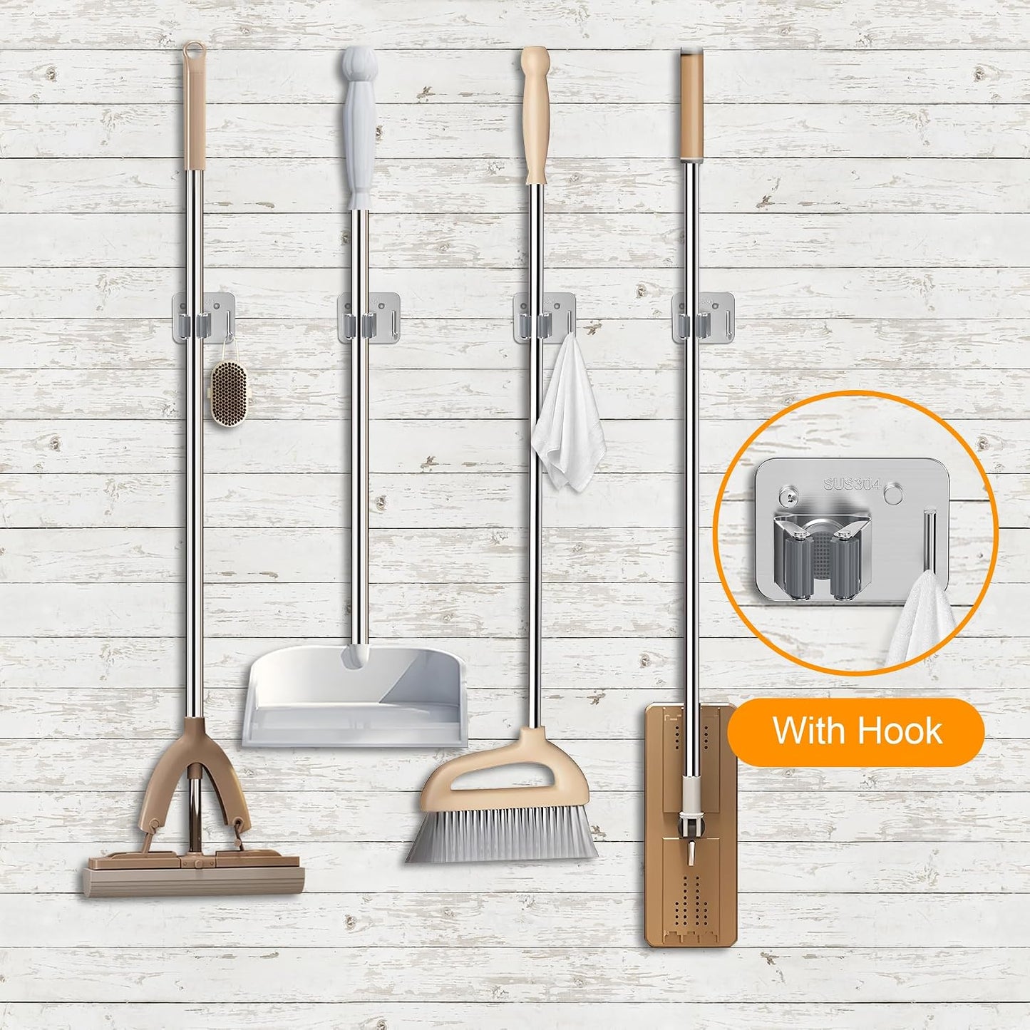 4 Pack Stainless Steel Mop and Broom Gripper with Hook, Screw Drilling or Self Adhesive Mop and Broom Holder Wall Mount, Storage Rack for Closet Laundry Garage Garden Tool Organizer, Silver