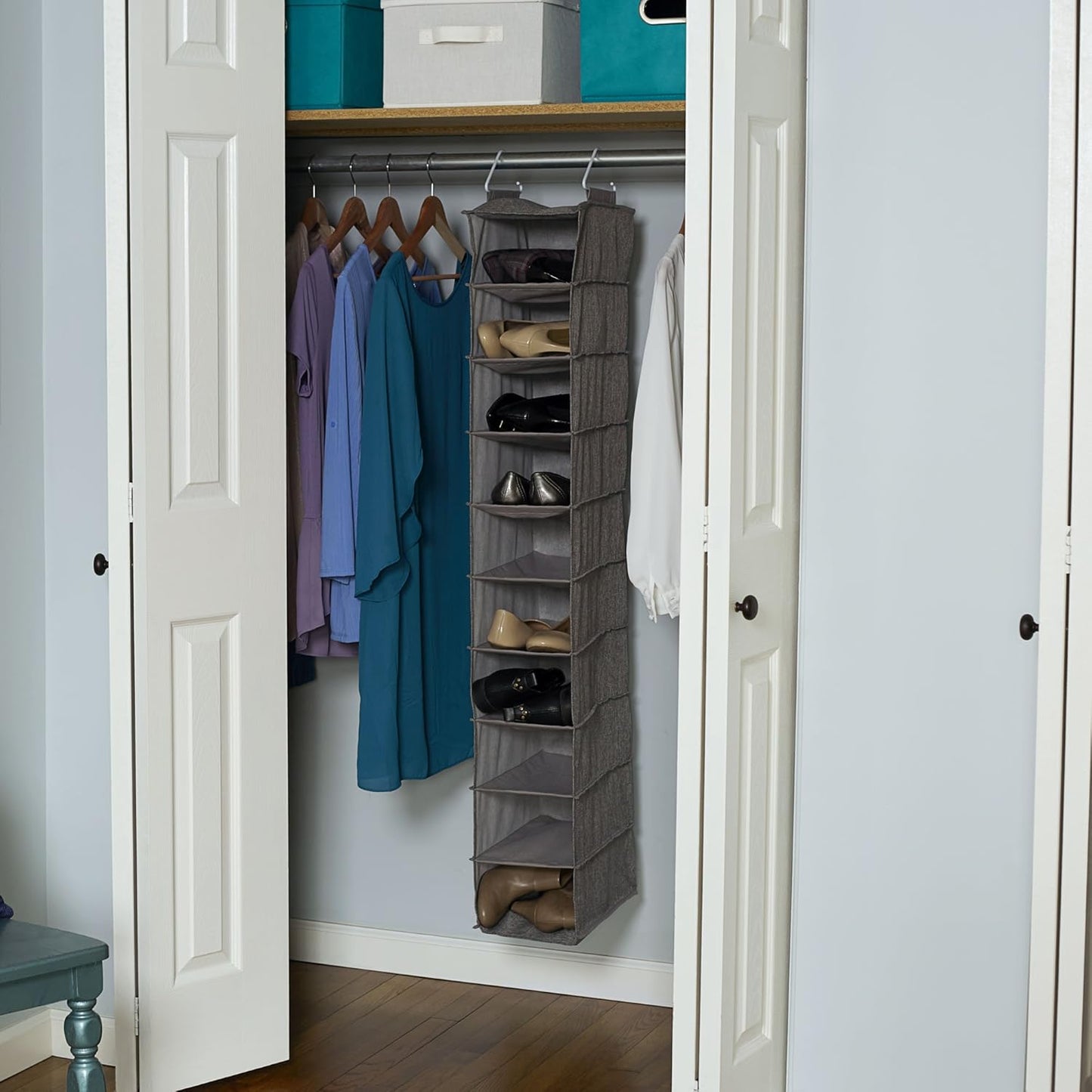 Household Essentials 311322 Hanging Shoe Storage Organizer for Closets |10 Pocket Shelves | Natural Canvas