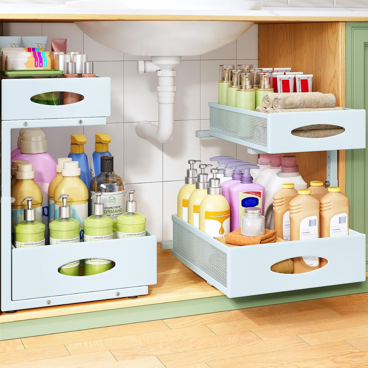 Under Sink Organizer, 2-Pack Pull Out Cabinet Organizer 2 Tier Metal Slide Out Storage Shelf Rack, L-Shaped Adjustable Height,Mesh Sliding Drawer for Kitchen, Bathroom, Laundry, Pantry, White, XL