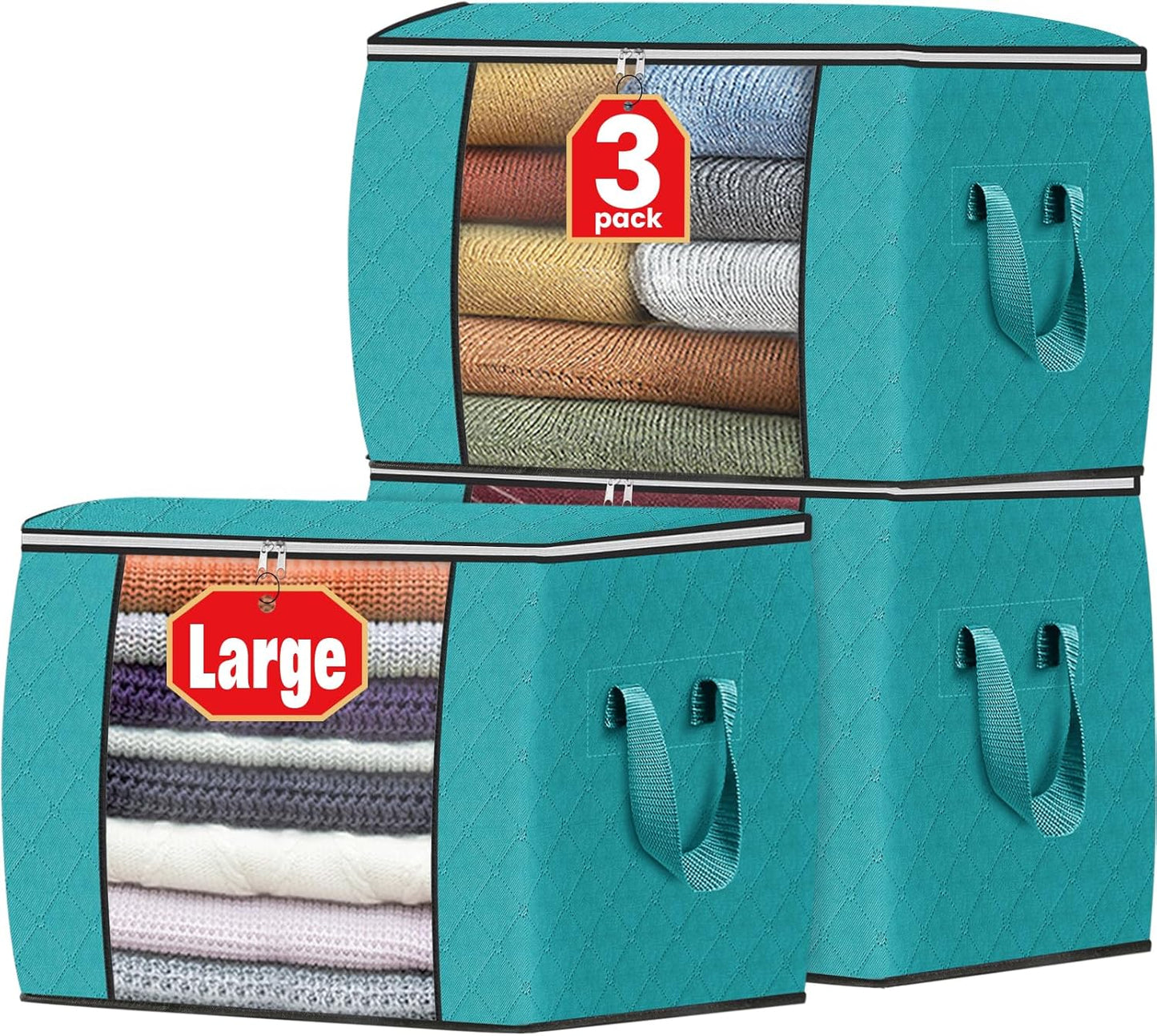 Fab totes 6 Pack Storage Bags for Clothes and Blanket, Foldable Closet Organizers and Storage with Zippers, Clear Window and Handles, Fabric Storage Bins for Sweater, Comforter, Bedding,Linen Sheets