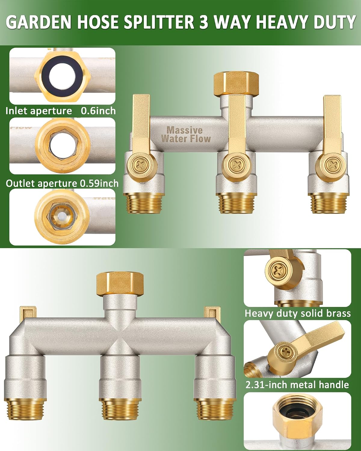 Hose Splitter 2 Way Heavy Duty, Solid Brass Full Flow Outdoor Faucet and Garden Hose Splitters, Water Spigot Splitter T Adapter, All Metal Water Connector with Shut-Off Valve, 3/4 - Inch GHT Thread