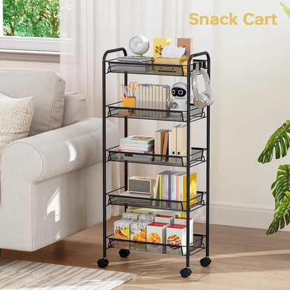 TOOLF 3-Tier Metal Rolling Cart, Mesh Wire Easy Assemble Utility Cart, Storage Trolley on Wheels with 3 Hooks, MetalStorage Shelving Units for Kitchen Bathroom Laundry Room