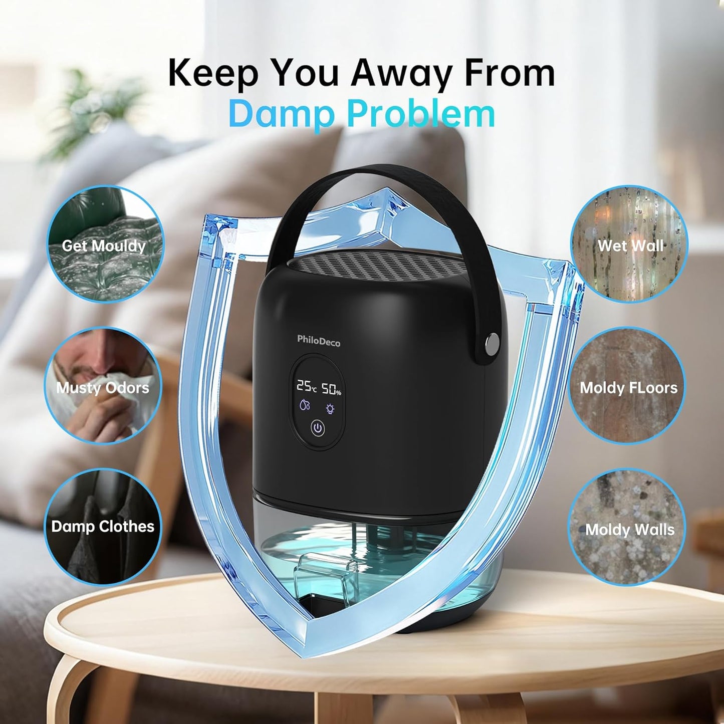 PHILODECO 35 OZ Dehumidifiers for Home(280 sq.ft), Ultra Quiet 25 dB for Bedroom & Bathroom with Auto Shut Off, Small Dehumidifiers for Closet, RV & Basement, 7 Colors LED Light, White