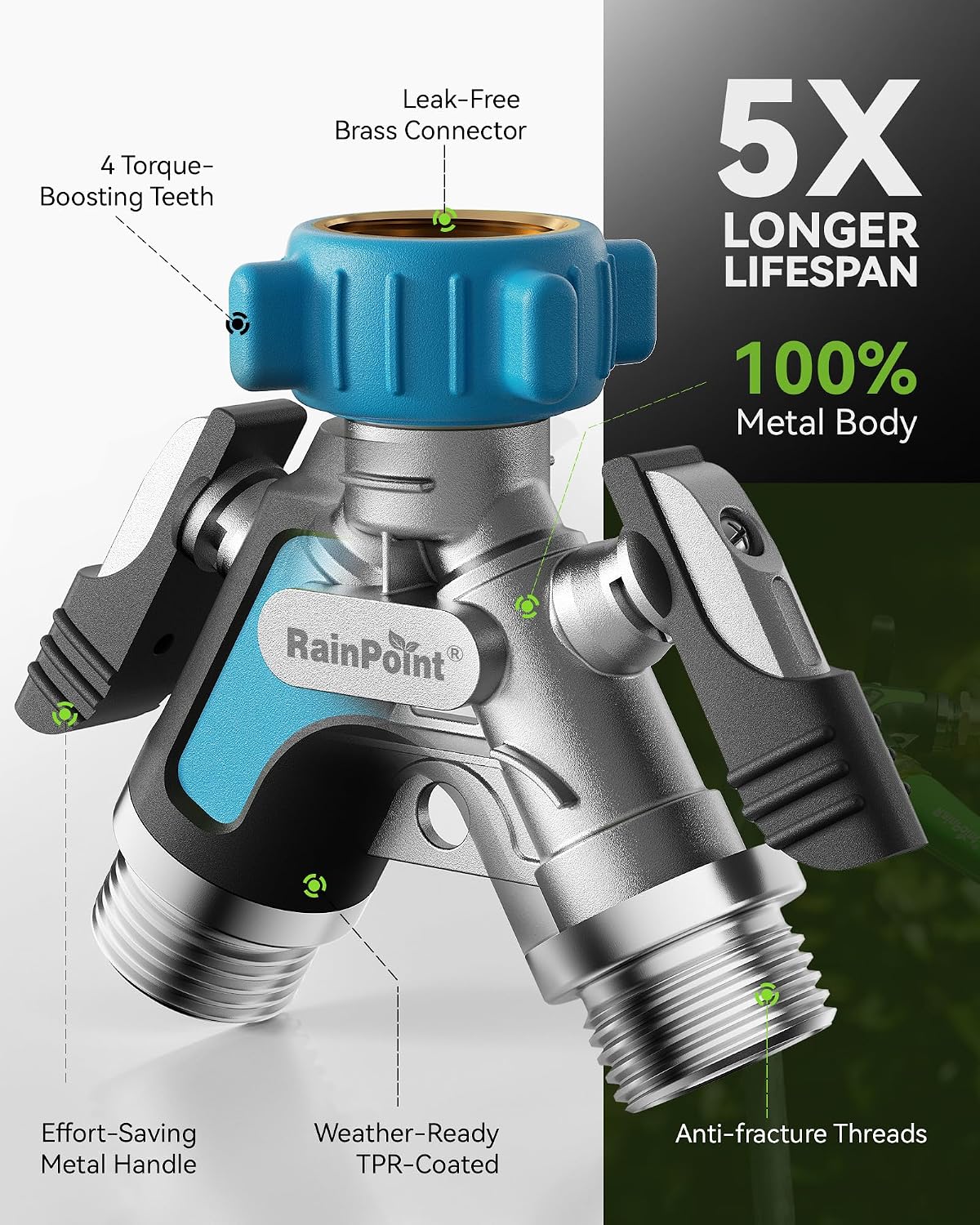 RAINPOINT Garden Hose Splitter 2 Way, All Metal Heavy Duty Water Hose Y Splitter With 2.05" Extra Long Side Handle & Shut Off Valves, 3/4 Inch GHT Thread Connector For Outdoor Spigot Faucet (Green)