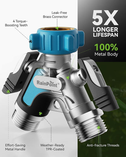 RAINPOINT Garden Hose Splitter 2 Way, All Metal Heavy Duty Water Hose Y Splitter With 2.05" Extra Long Side Handle & Shut Off Valves, 3/4 Inch GHT Thread Connector For Outdoor Spigot Faucet (Green)
