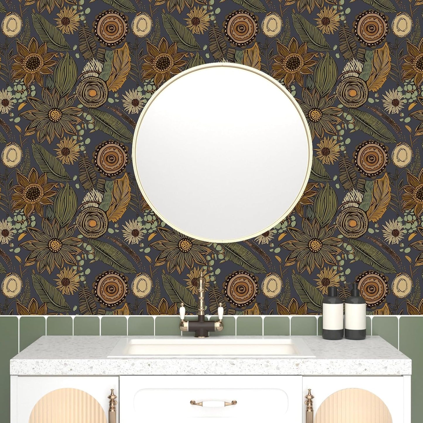 Blue Wallpaper Peel and Stick,Vintage Boho Floral Contact Paper 17.5" x 118", Retro Botanical Flower Wall Paper Self Adhesive Removable Waterproof for Walls Shelves Cabinet Table (Blue,Yellow, Green)