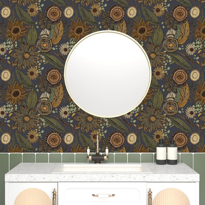 Blue Wallpaper Peel and Stick,Vintage Boho Floral Contact Paper 17.5" x 118", Retro Botanical Flower Wall Paper Self Adhesive Removable Waterproof for Walls Shelves Cabinet Table (Blue,Yellow, Green)