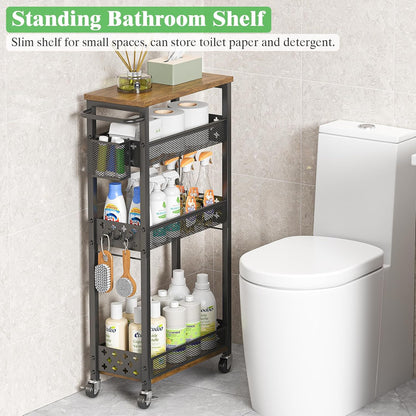4 Tier Slim Rolling Storage Cart, Laundry Room Cart on Wheels, Small Metal Bathroom Cart Kitchen Organizer Trolley with Handle and Mesh Basket, 7.1 inch Width for Narrow Space, Black
