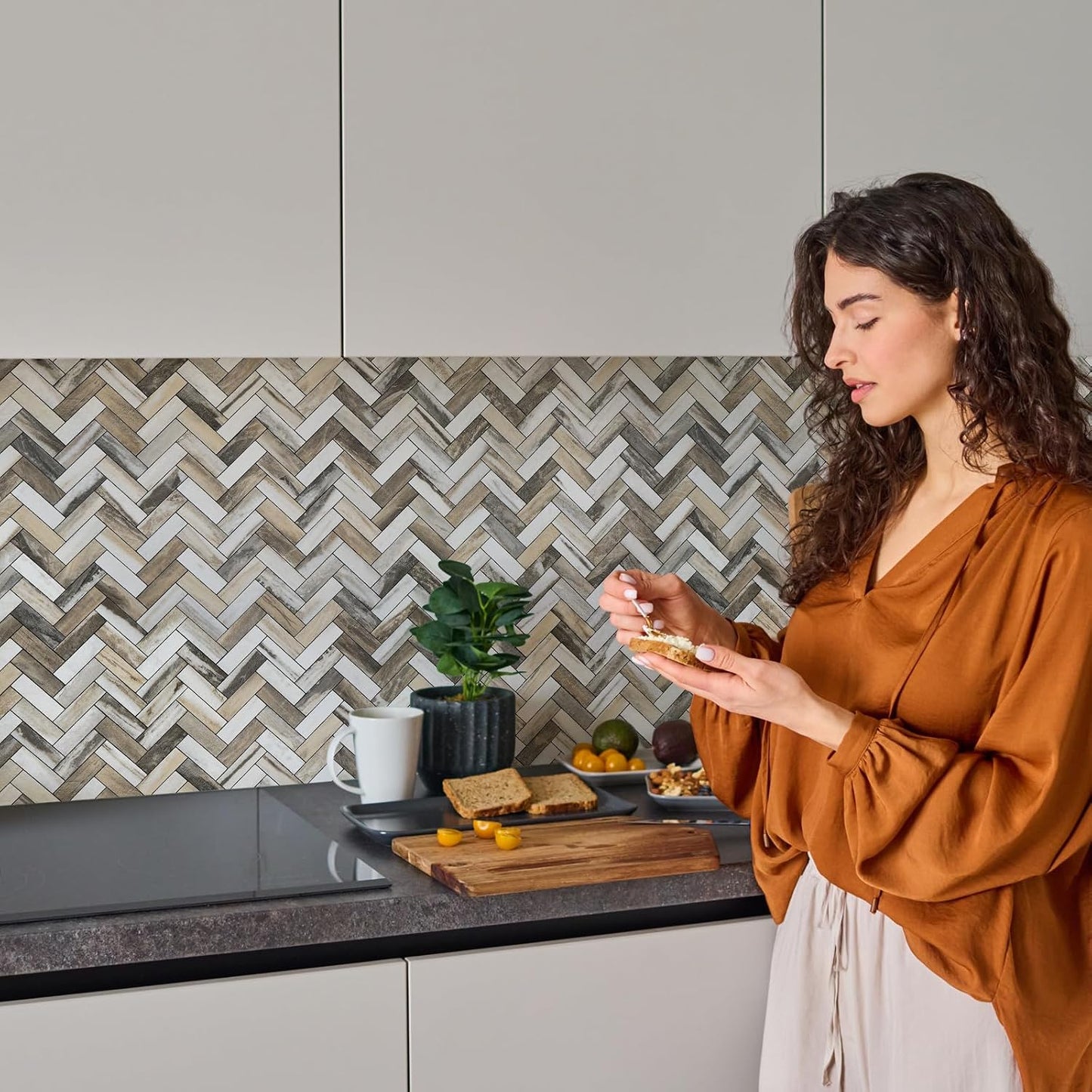 STICKGOO 10 Sheets Herringbone Peel and Stick Backsplash, Stick on Aluminum Composite PVC Kitchen Backsplash, Marble White Mixed Light Grey Look Self Adhesive Wall Tiles