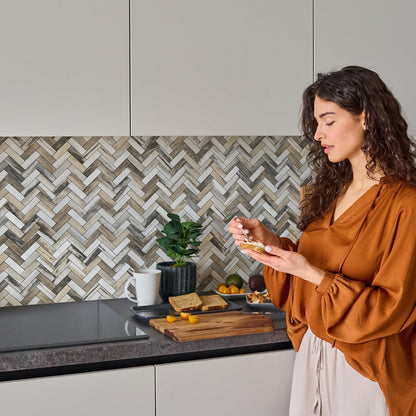 STICKGOO 10 Sheets Herringbone Peel and Stick Backsplash, Stick on Aluminum Composite PVC Kitchen Backsplash, Marble White Mixed Light Grey Look Self Adhesive Wall Tiles