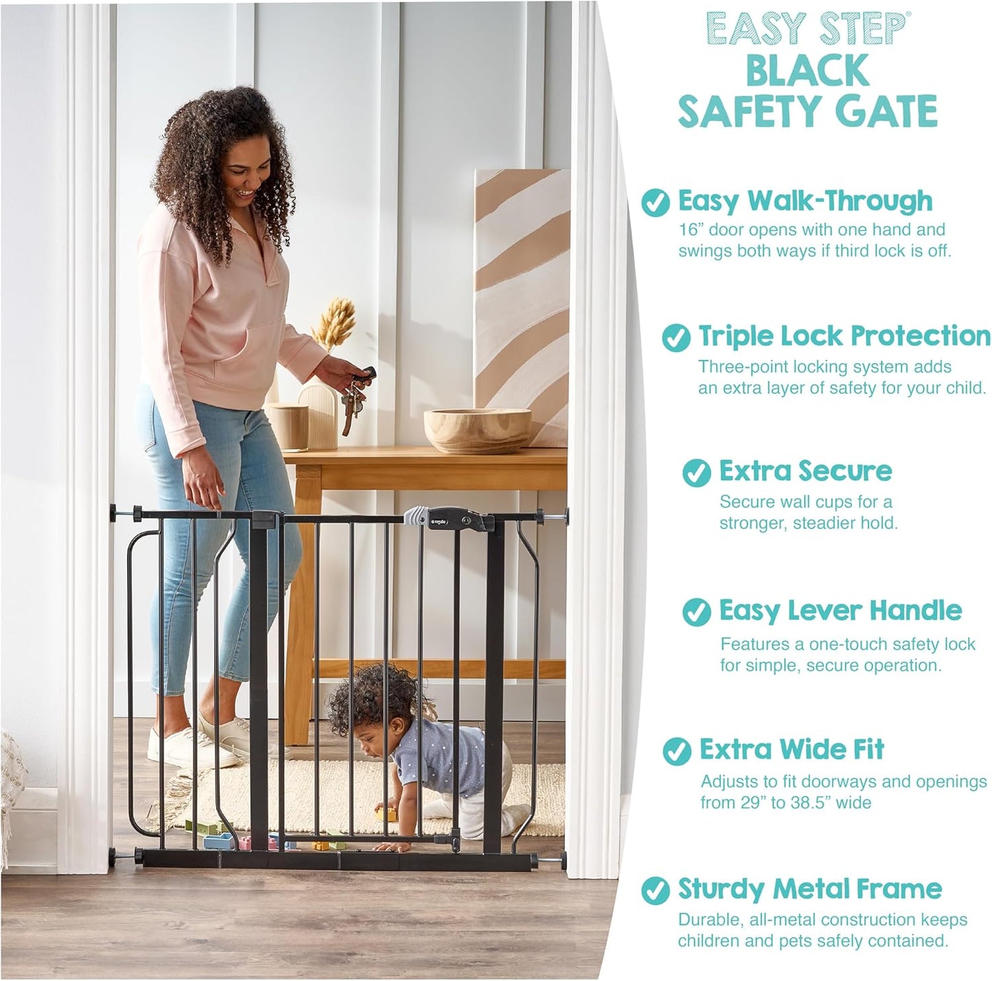 Regalo Safety 29-38.5" Baby Gate for Doorways & Bottom of Stairs, Pressure Mounted Baby Gate with Door for Babies, Toddlers & Pets, Tested & Safe for 30 Years, American Designed, American Owned, White