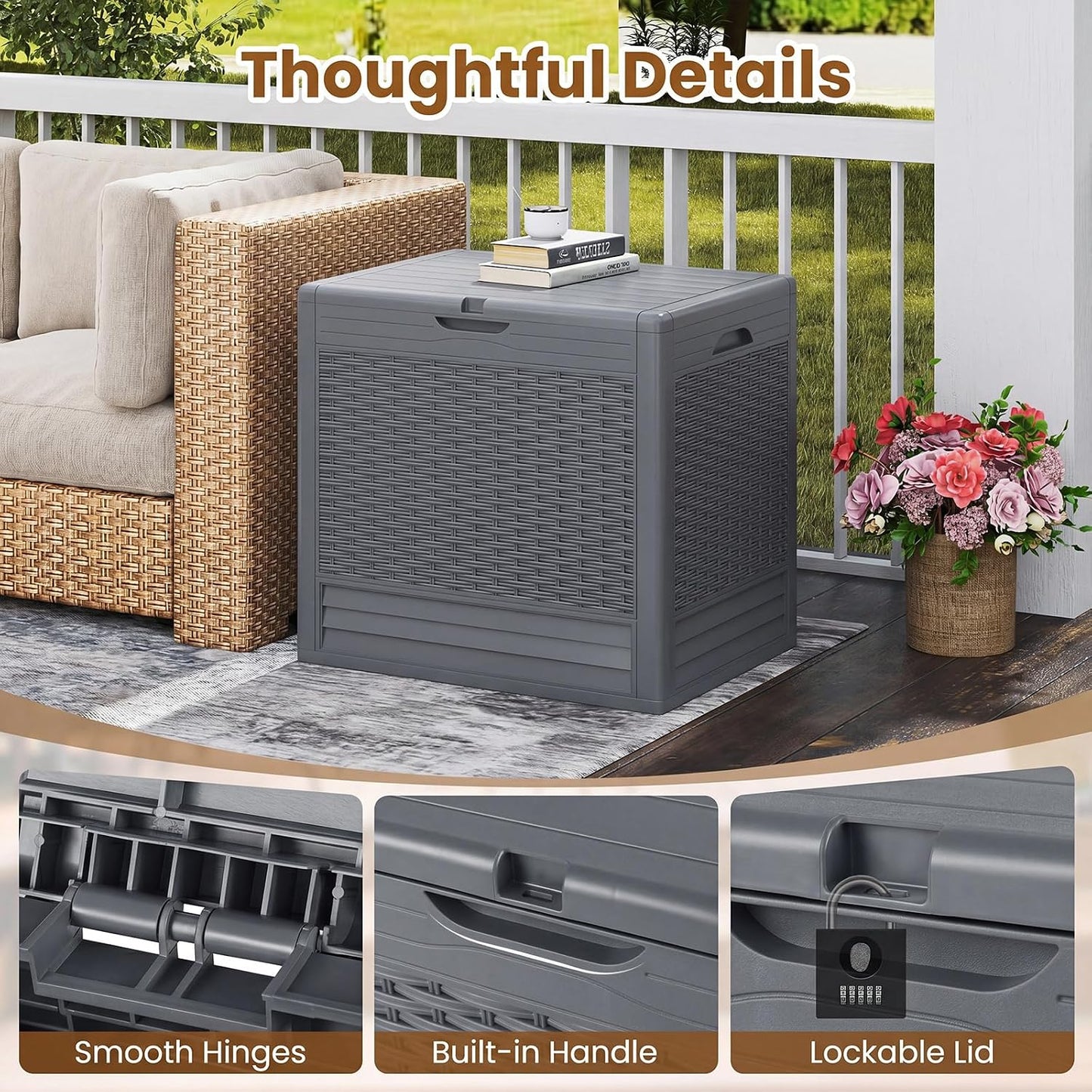 Tangkula 25 Gallon Waterproof Outdoor Storage Box with Lockable Lid | PP Resin, Wicker Patterned, Indoor Outdoor Use, Portable, Versatility, for Deck, Pool, Patio Cushions, Garden Tools