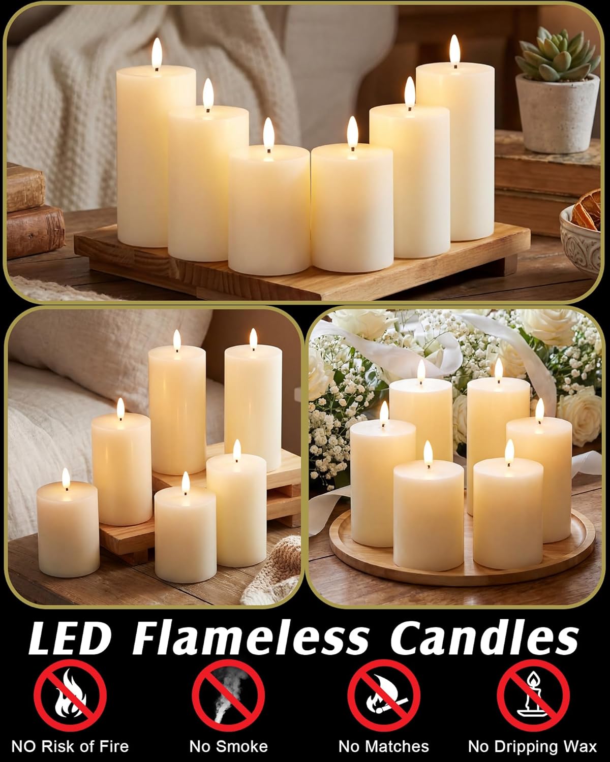 Leelosp 6 Pack Flameless Candles with Remote Timer, Battery Operated Flickering Flameless Candles Bulk Flat Top Pillar LED for Wedding Festival Outdoor Home Decor D 3'' H 4'' 5'' 6''(White)