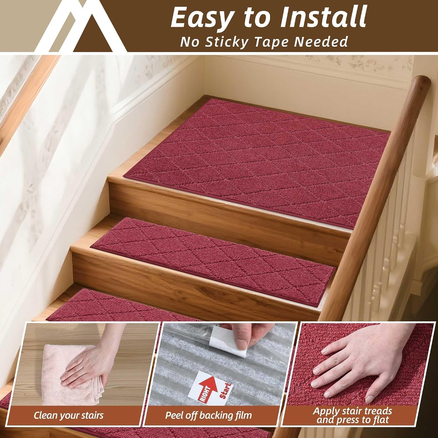COSY HOMEER Edging Stair Treads Non-Slip Carpet Mat 28inX9in Indoor Stair Runners for Wooden Steps, Edging Stair Rugs for Kids and Dogs, 100% Polyester TPE Backing(4pc, Beige)