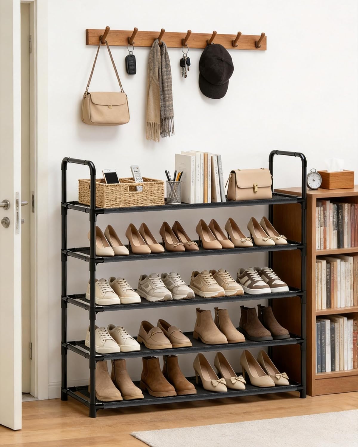 Long Shoe Rack, 3-Tier Stackable Shoe Organizer for Closet, Entryway, Hallway, Extra Bottom Layer, Holds 16-20 Pairs, Sturdy & Durable Waterproof Fabric Shelf, Space-Saving,Black(35.8" Wide)