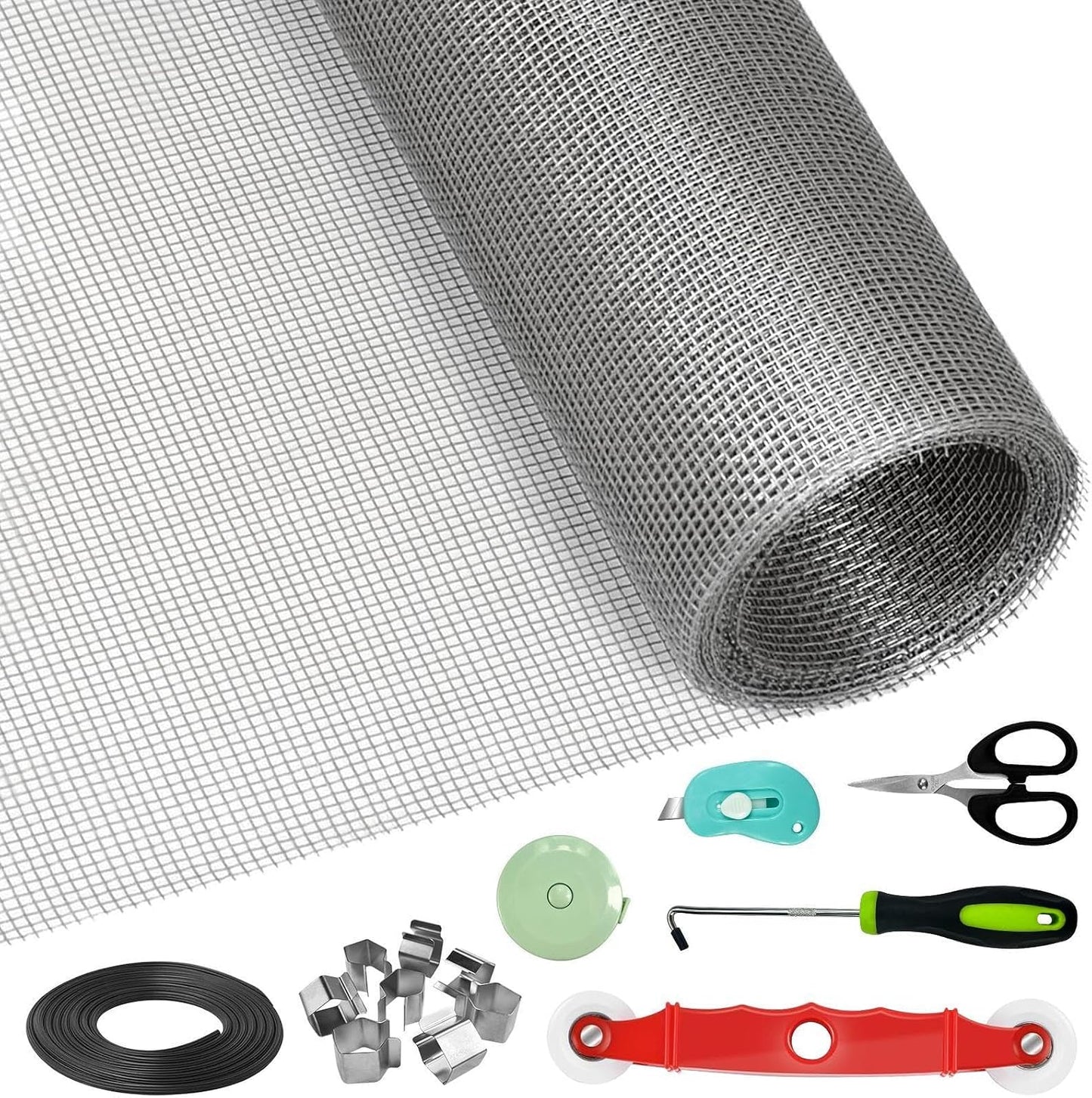 Window Screen Door Repair/Replacement Kit,48" x178" Adjustable Durable Fiberglass Window Screen Mesh,with Spline/Roller/Hook/Clips Screen Door Repair Kit,DIY Window,Porch Sliding Door(Black)