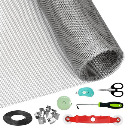Window Screen Door Repair/Replacement Kit,48" x178" Adjustable Durable Fiberglass Window Screen Mesh,with Spline/Roller/Hook/Clips Screen Door Repair Kit,DIY Window,Porch Sliding Door(Black)