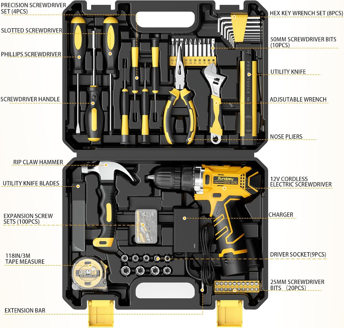Sundpey Home Tool Kit with Drill - 166-Piece General Basic Home Repair Tool Set with 12V Cordless Power Drill & Battery & Charger & Portable Tool Box for Garden Office House Apartment Repair Men Women
