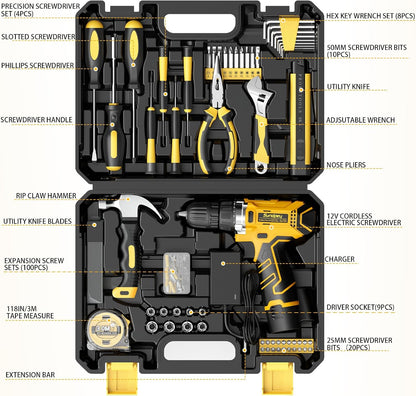 Sundpey Home Tool Kit with Drill - 166-Piece General Basic Home Repair Tool Set with 12V Cordless Power Drill & Battery & Charger & Portable Tool Box for Garden Office House Apartment Repair Men Women
