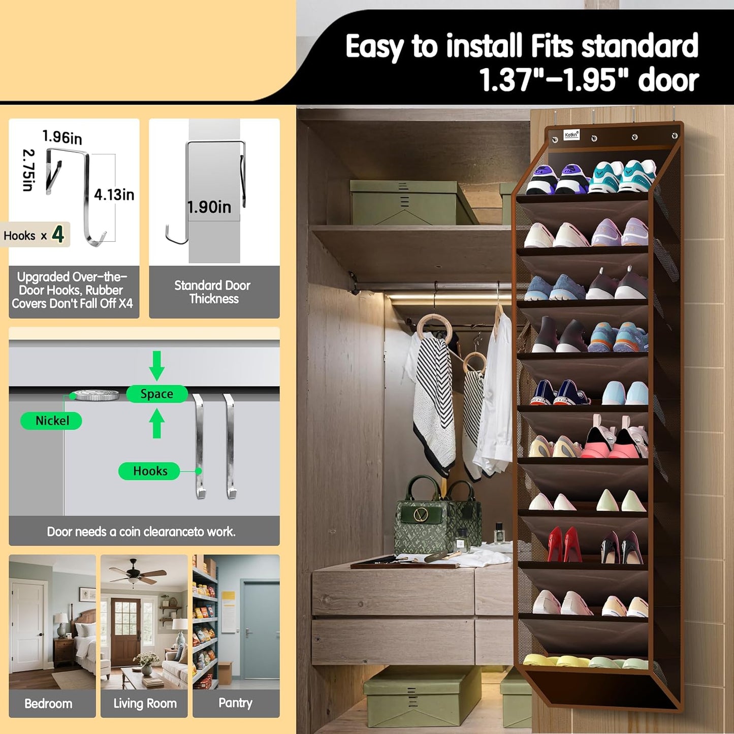 Kotkn 35 Compartment Over The Door Storage - Breathable Mesh Hanging Organizer with Large Pockets, Space Saving Design for Men & Women's Footwear, Closet, Bedroom （White）