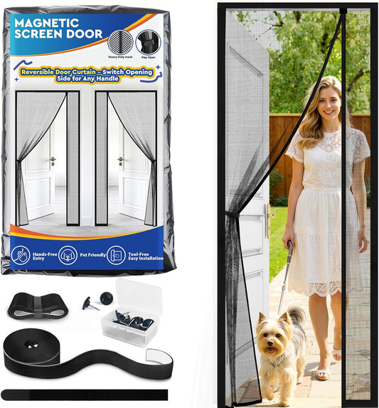 TasticTotes Magnetic Screen Door Mesh - Reversible Left & Right Opening with Magnetic Closure, Keep Buzz Out, Enjoy Fresh Air, Hands Free for Families & Pets (34" x 81", Fit Door Size 32" x 80")