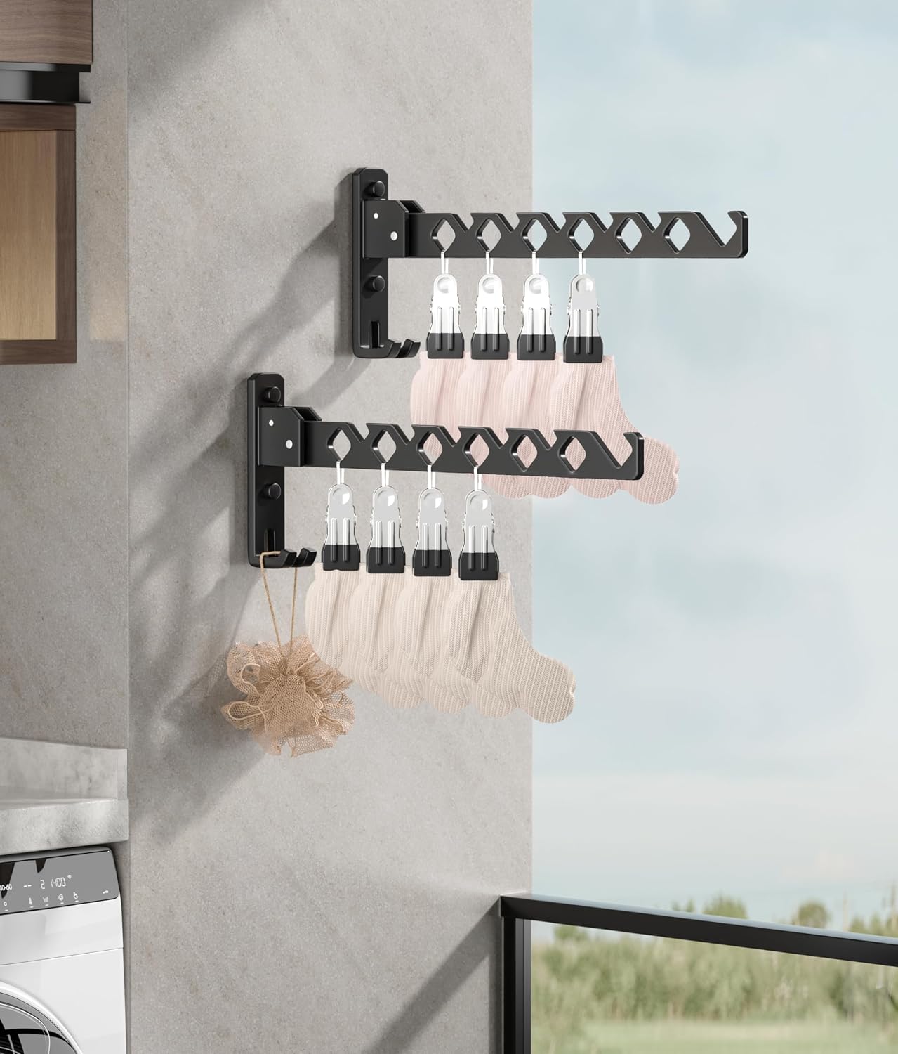 Dr.DJ Wall Mount Coat Hanger Holder Black Clothes Drying Organizer Rack Garment Hooks Aluminium Retractable Folding Indoor Wall Mounted Hanger Space Saver for Laundry Room Bedroom Black 2Pack