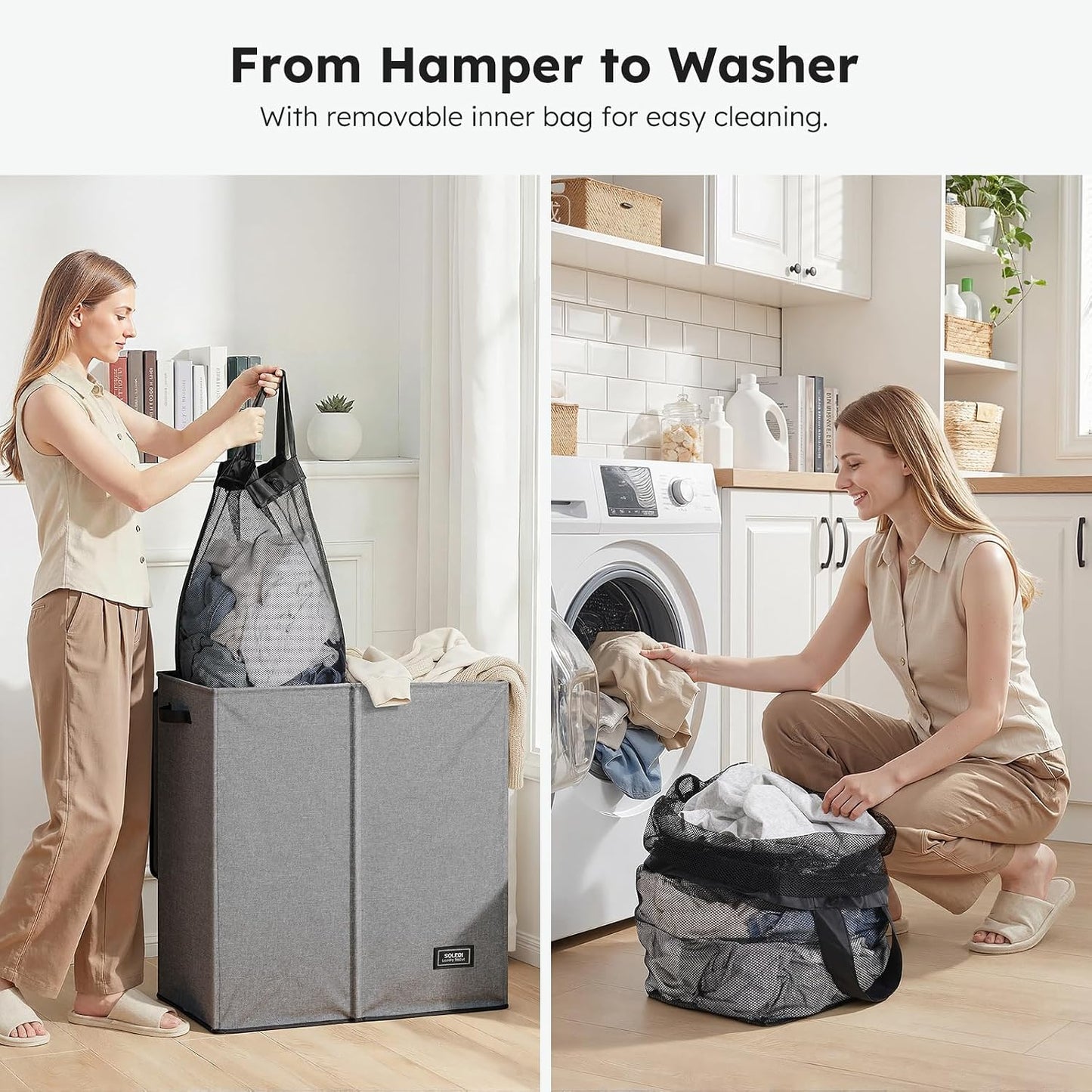 SOLEDI Luxury Double Laundry Hamper with Lid and Removable Bags, 38.3 Gal Large Laundry Bin, Laundry Basket 2 Sections, Collapsible Clothes Hamper for Bedroom, Laundry Room, Bathroom, Off-white