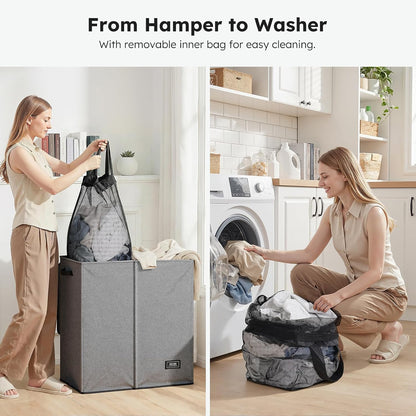 SOLEDI Luxury Double Laundry Hamper with Lid and Removable Bags, 38.3 Gal Large Laundry Bin, Laundry Basket 2 Sections, Collapsible Clothes Hamper for Bedroom, Laundry Room, Bathroom, Off-white