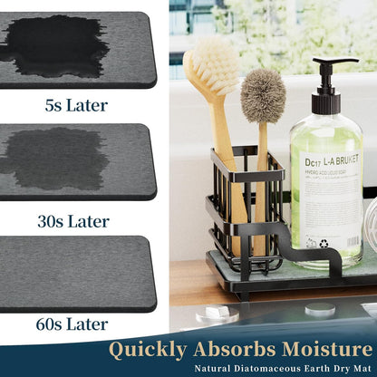 Consumest Sponge Holder for Kitchen Sink - Sink Caddy Organizer with Water Absorbing Stone Tray, Detachable Brush Holder, Stainless Steel Kitchen Counter Organizer Rack, Black
