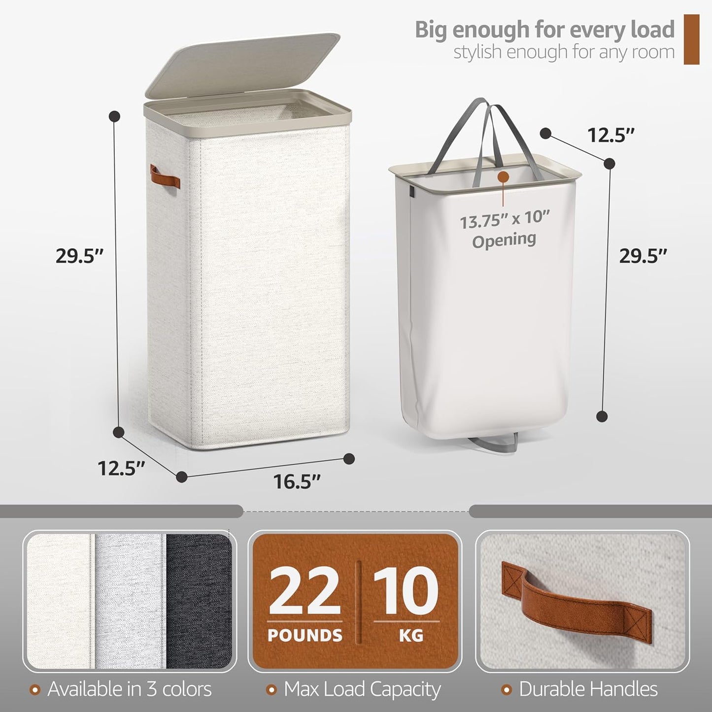 Sorbus Laundry Hamper with Lid - Collapsible 3-Compartment Fabric Laundry Basket with Handles and Removable Laundry Bag – 50 Gallon (190 L) Dirty Clothes Hamper for Bedroom, bathroom and dorm (Beige)
