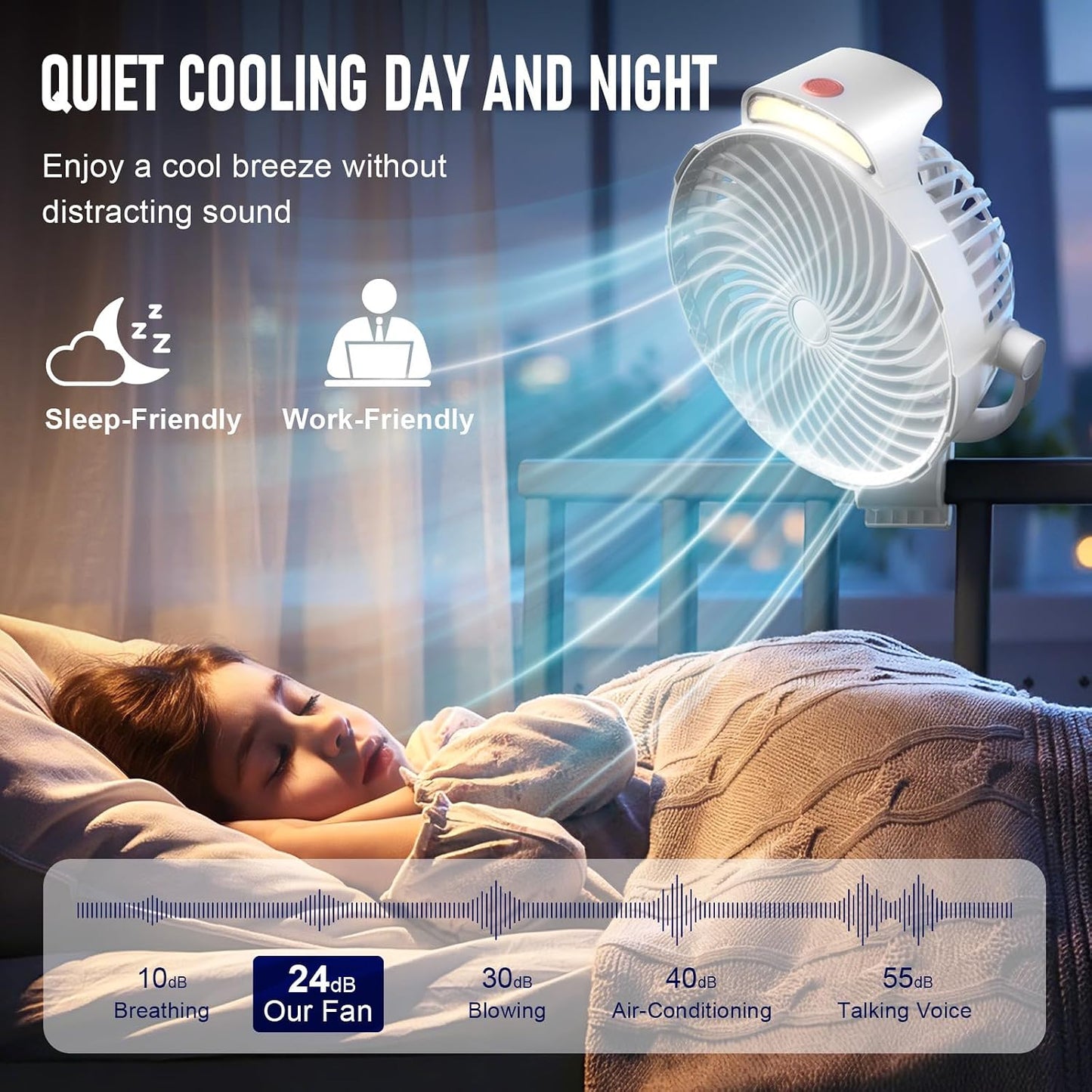 8-Inch Rechargeable Clip on Fan, 10000mAh Portable Camping Fan with LED Light, 9-Speed Ultra Quiet Airflow, 30H Runtime, 360° Rotating Desk Fan for Golf Cart, Bedroom, Office, Dorm, Black