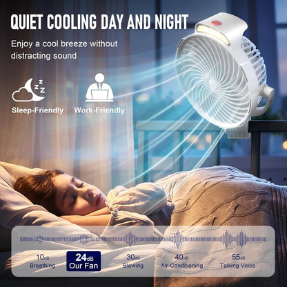 8-Inch Rechargeable Clip on Fan, 10000mAh Portable Camping Fan with LED Light, 9-Speed Ultra Quiet Airflow, 30H Runtime, 360° Rotating Desk Fan for Golf Cart, Bedroom, Office, Dorm, Black