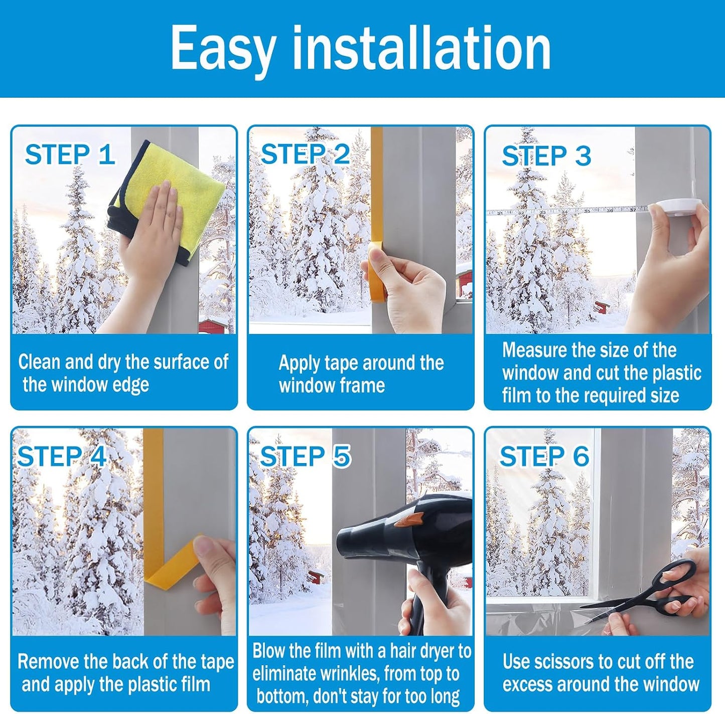 Window Insulation Kit, 63 × 394 Inch Plastic Window Covering for Winter, Window Insulation Film Window Wrap Insulation Windows Winterizing Kit with Double-Sided Tape for 10 Pcs 3 x 5 Ft Windows