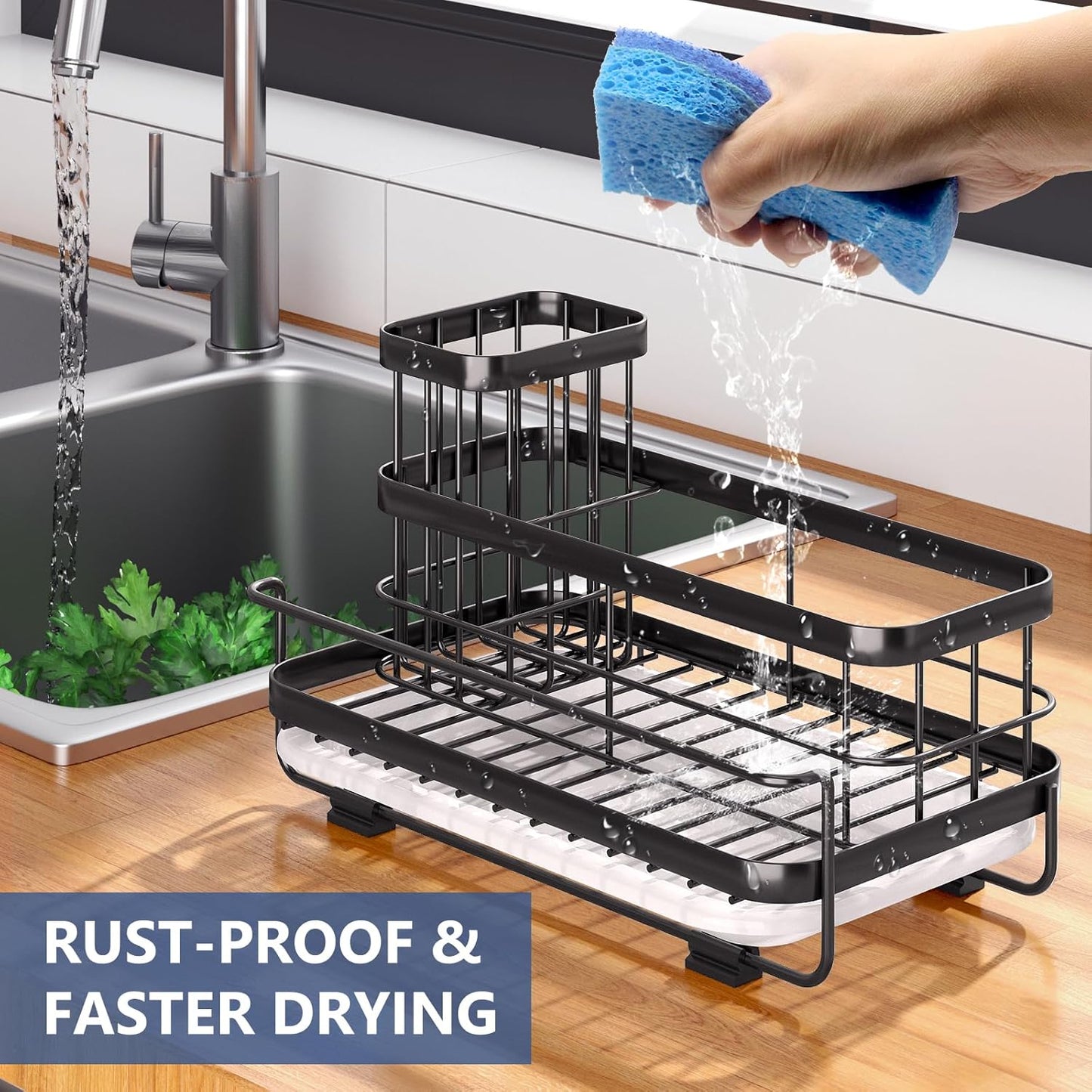Trendy Sink Caddy Kitchen Organizer, Non-Slip Dish Soap Dispenser Rack with Drain Tray, Rustproof Brush Holder for Countertop Storage (Matte Black)