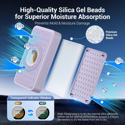 Auto Power-off Cordless Rechargeable Mini Dehumidifier Desiccant,Electric Moisture Absorption Silica Gel Packet for Storage Totes Jewelry Display Cabinet Guitar Case Drawer Photo Album Document-Purple
