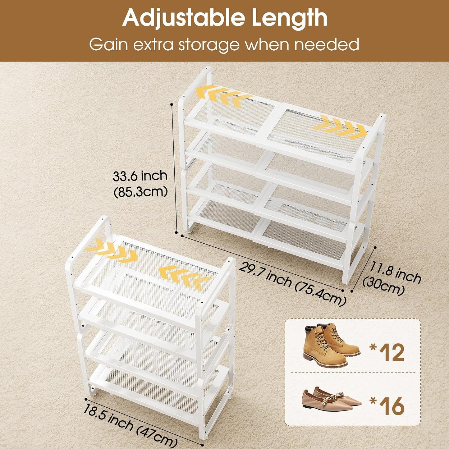 SAYZH Expandable Shoe Rack for Closet, Adjustable Metal Shoe Organizer with Sturdy Mesh Shelves for Boots & Heels, Stackable Shoe Storage for Entryway, Garage, Small Spaces (Black, 2-Tier)