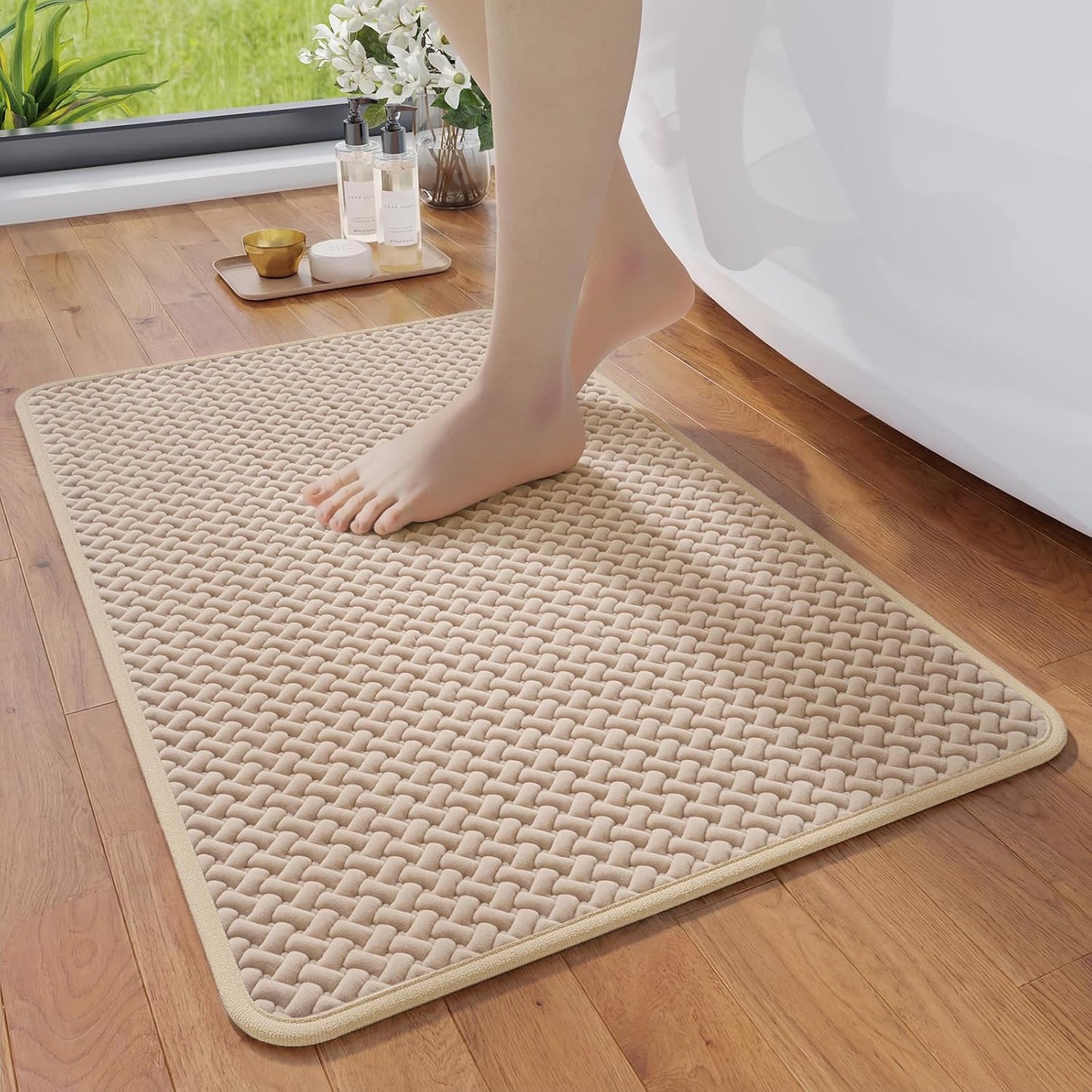 YDKGL Bathroom Rugs Non Slip, Super Absorbent Quick Dry Bath Mats for Bathroom, Foam Weave Texture Thin Bath Rugs Washable with Rubber Backing Fit Under Door Outside Shower,16" x 24“