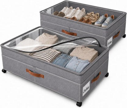 Under Bed Storage Organizer with Wheels, Rolling Under Bed Storage Containers with Clear Lid, Dual Zippers, Handles, Storage for Clothes, Shoes, Blankets, Toys,2-pcs Under Bed Drawers-Black