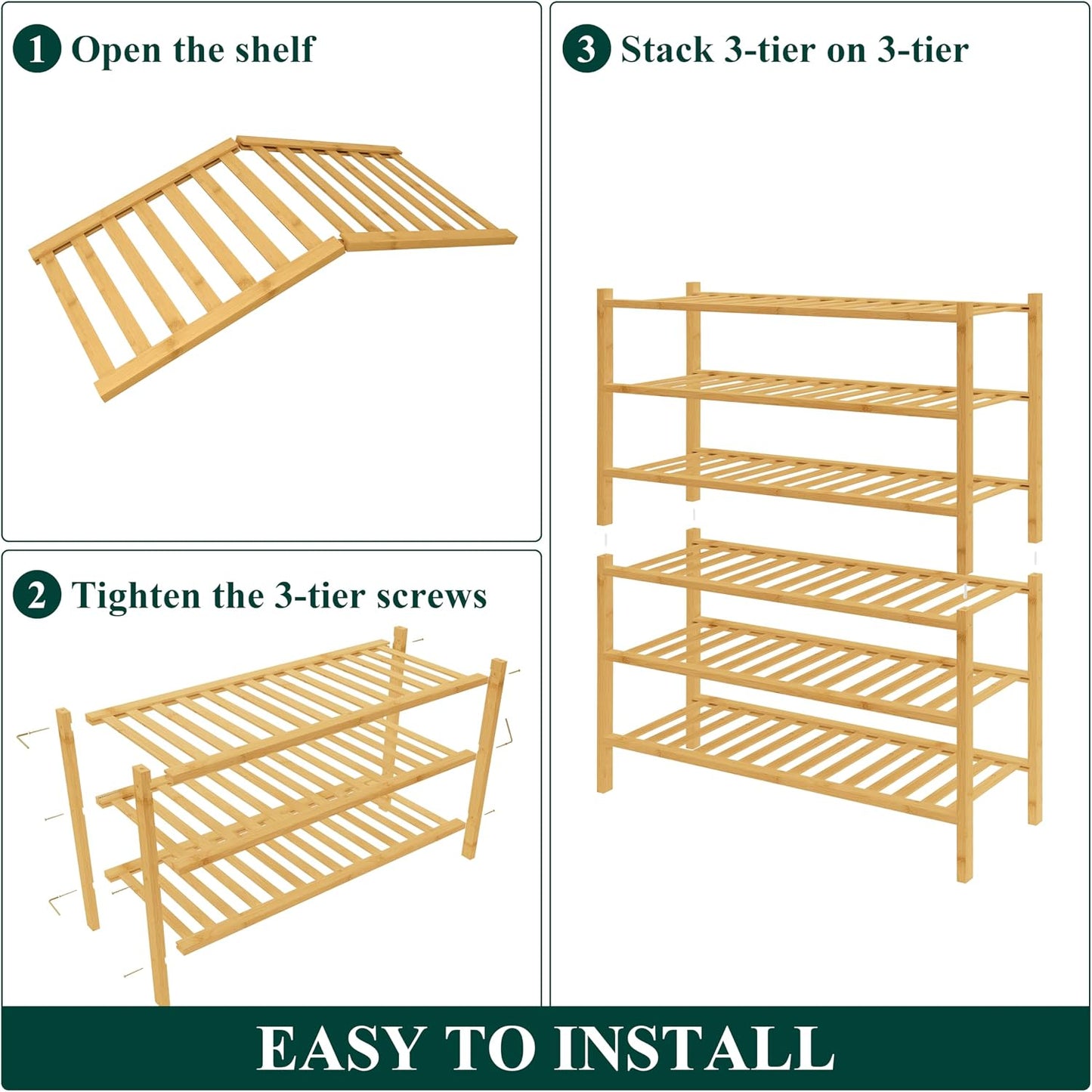 Smiry Bamboo Shoe Rack for Closet, 3 Tier Wooden Shoe Organizer, Stackable Wood Shoe Storage Shelf for Entryway, 14 Vertical Slats, One-piece Heavy-Duty Legs, 26.77"x11.02"x18.31", Natural