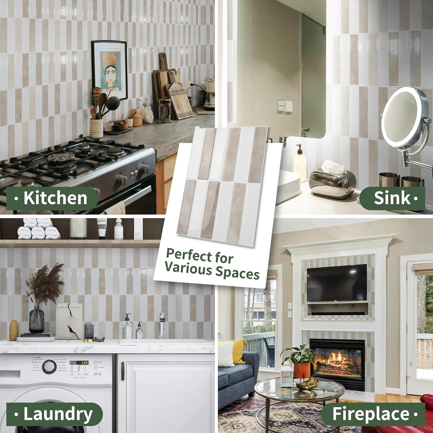 LONGKING 10-Sheet Thickened Peel and Stick Subway Tile Backsplash for Kitchen, Vertical Strip Design, Marble Tile, Waterproof Wall Sticker for Kitchen & Bathroom, Beige&White
