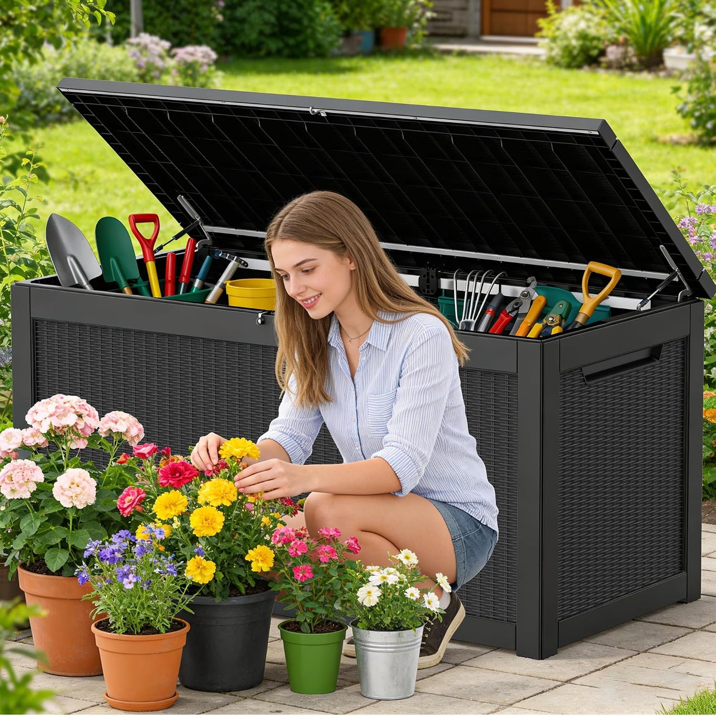 320 Gallon Outdoor Storage Box Resin Deck Box All Weather Waterproof Large Lockable Storage Container Deck Box for Patio Furniture, Garden Tools, Lockable, Black