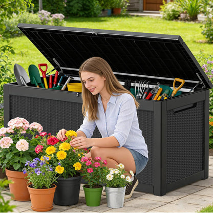 320 Gallon Outdoor Storage Box Resin Deck Box All Weather Waterproof Large Lockable Storage Container Deck Box for Patio Furniture, Garden Tools, Lockable, Black